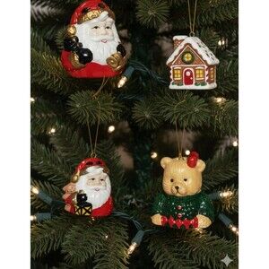 Vtg Ceramic Christmas Bell Ornaments Lot of 4 | Santa Bear House | Excellent
